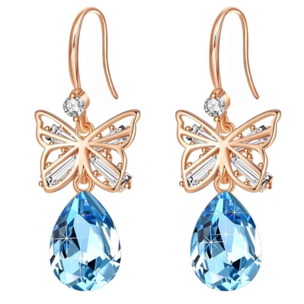 14K Rose Gold with Aquamarine Blue Austrian Crystal Butterfly Teardrop Earrings